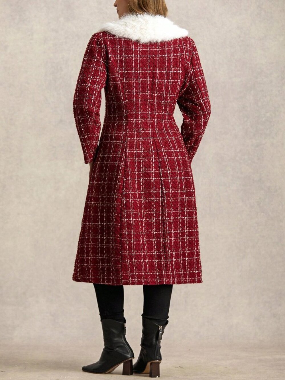 Red Elegant Women's Contrast Faux Fur Plaid Double-Breasted Midi Overcoat - Picture 2 of 8